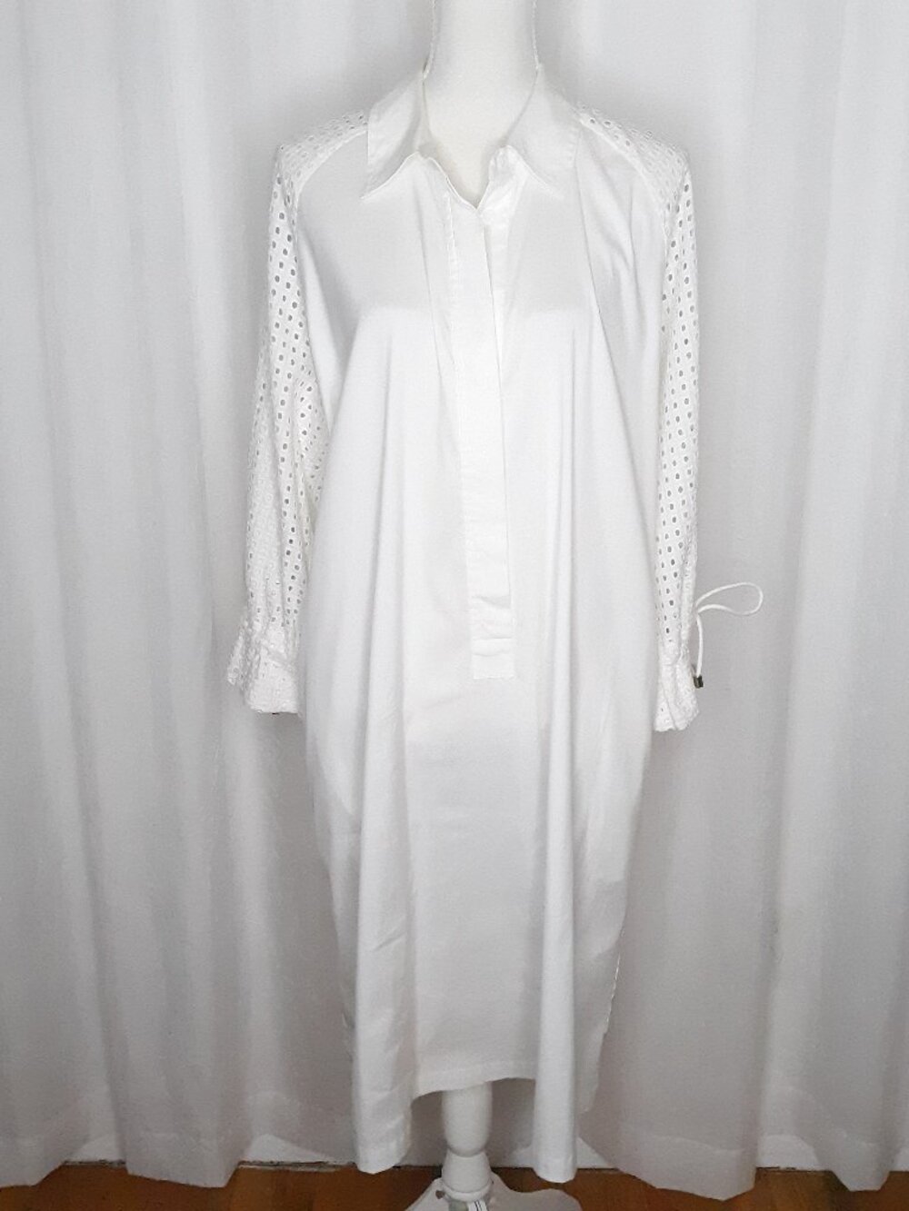 Chico's Eyelet Drawstring Sleeve White Casual Shirt Dress Pockets